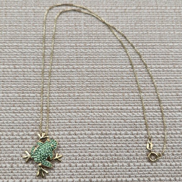 Jewelry - 18 Inch Gold Over Sterling Silver Green Crystal Frog Necklace A6166
